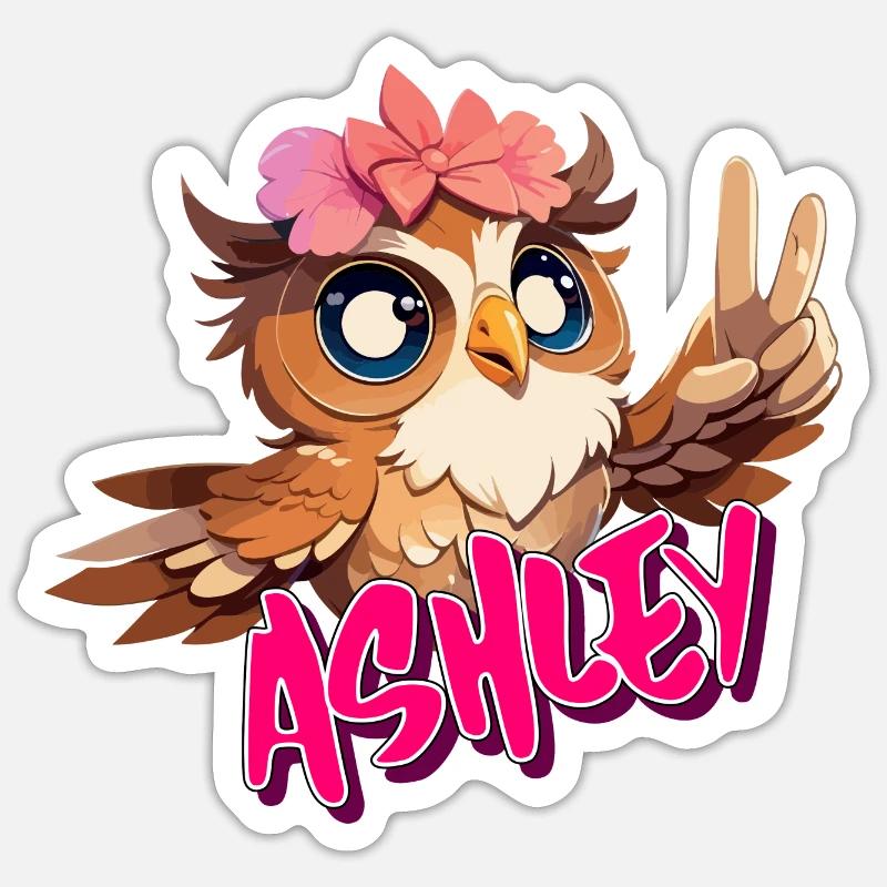 ASHLEY - Schöner Mädchen Name mit süßer EULE Sticker Größe S (10 x 10 cm)