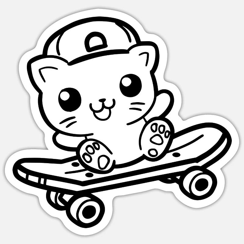 Skateboard Chat Dessin Animé Look - Sticker taille S (10 x 10 cm) - blanc mat