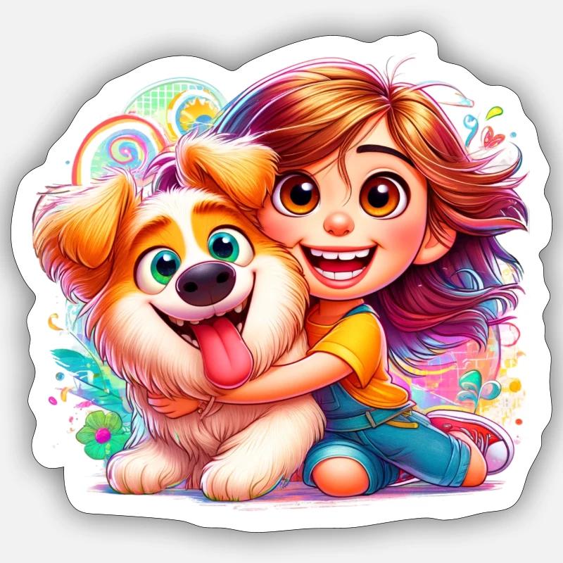 Fille avec chien mignon - Sticker taille S (10 x 10 cm) - blanc mat