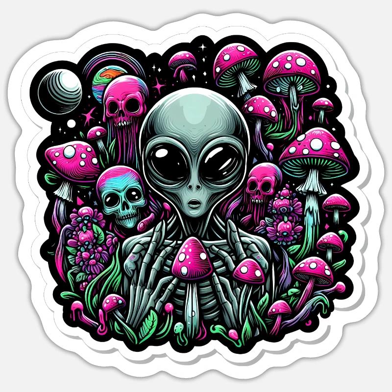 Psychedelic Alien with Mushrooms Sticker size S (10 x 10 cm)