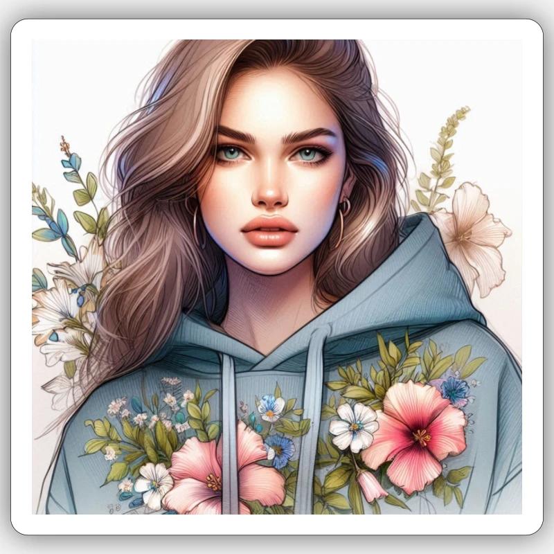 Mädchen im Sweatshirt. Sticker Größe S (10 x 10 cm)