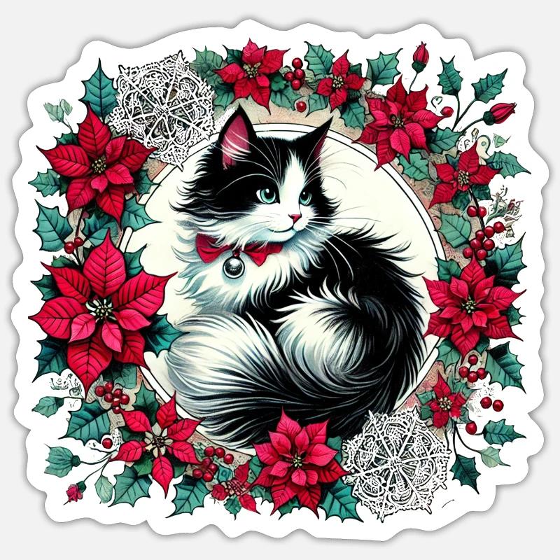 Smoking de Noël Chat - Sticker taille S (10 x 10 cm) - blanc mat