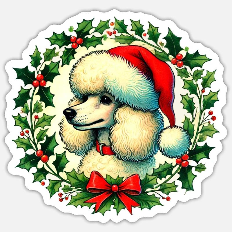 Caniche de Noël - Sticker taille S (10 x 10 cm) - blanc mat