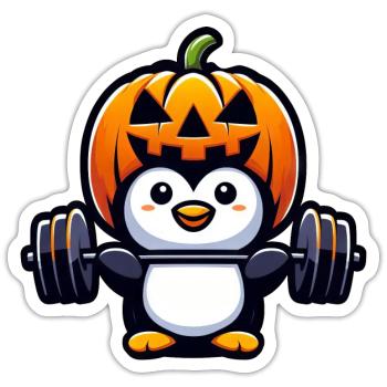 Halloween Penguin with Dumbbell Weightlifting Pumpkin - Sticker size S (10 x 10 cm) - white matte - Front
