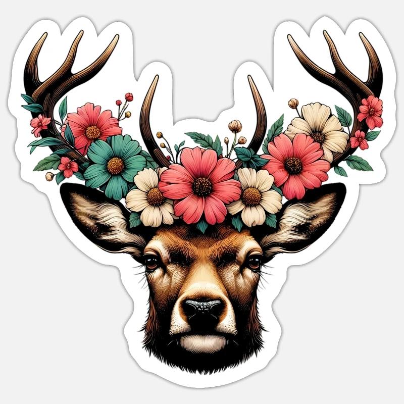 Deer with Flowers - Sticker size S (10 x 10 cm) - white matte