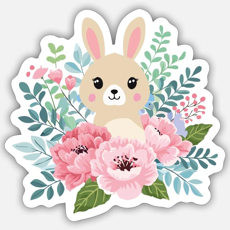 Cute rabbit with flowers - Sticker size S (10 x 10 cm) - white matte