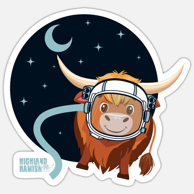 Vache astronaute des Highlands - Sticker taille S (10 x 10 cm) - blanc mat