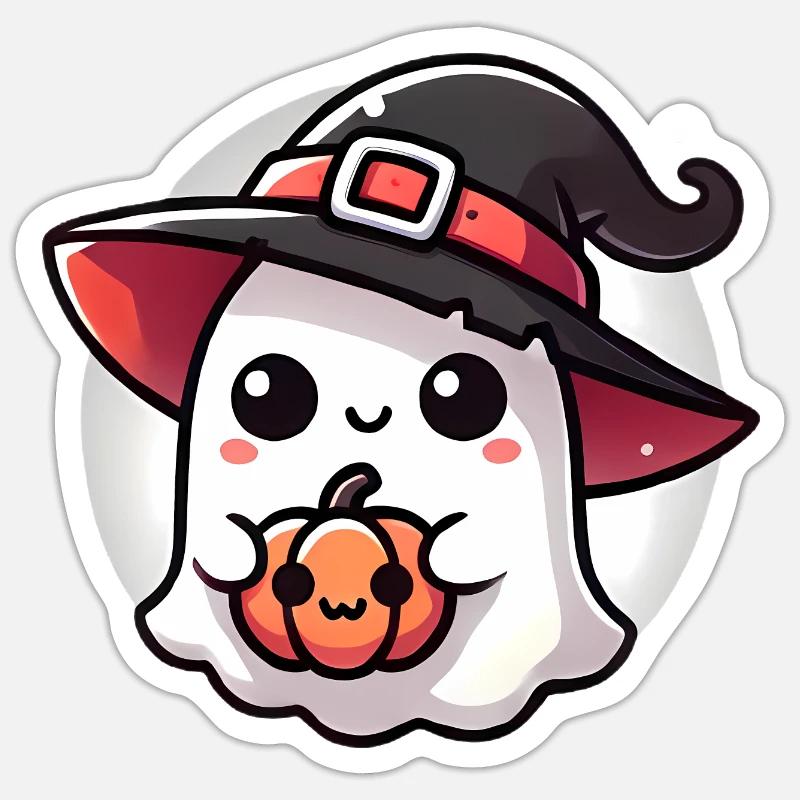 Süßer Halloween Geist mit Hexenhut Sticker Größe S (10 x 10 cm)