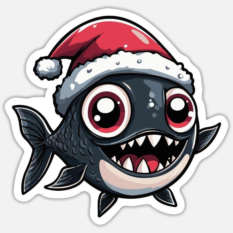 Piranha Poisson Noël - Sticker taille S (10 x 10 cm) - blanc mat