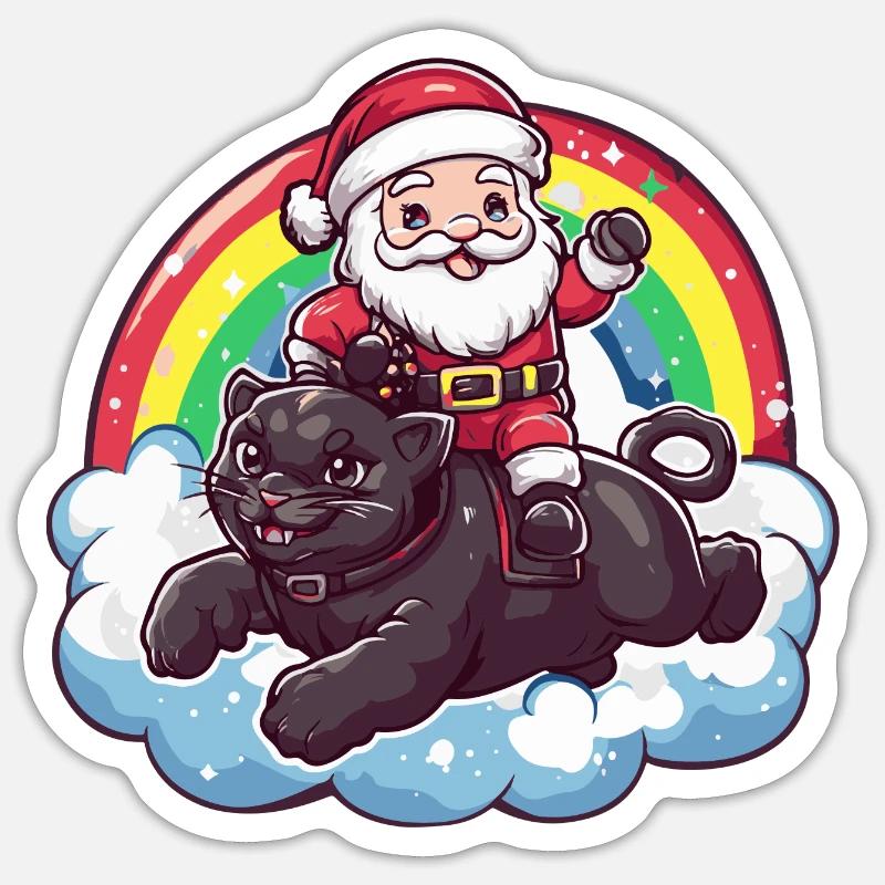 Panthère Père Noël Arc-en-ciel - Sticker taille S (10 x 10 cm) - blanc mat
