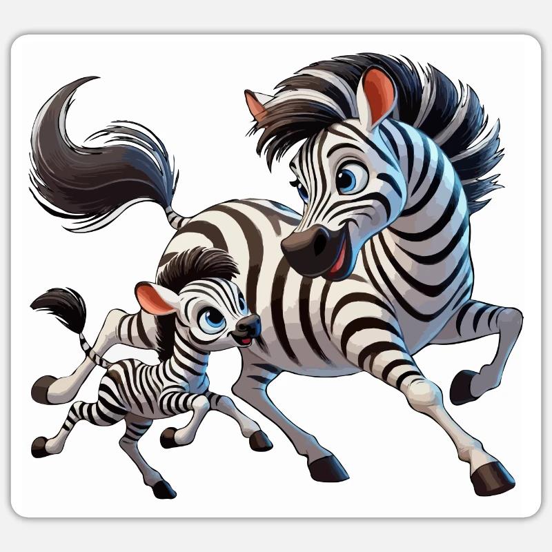 Zebra-Mutter mit herumtollendem Kind - Sticker Größe S (10 x 10 cm) - Mattweiß