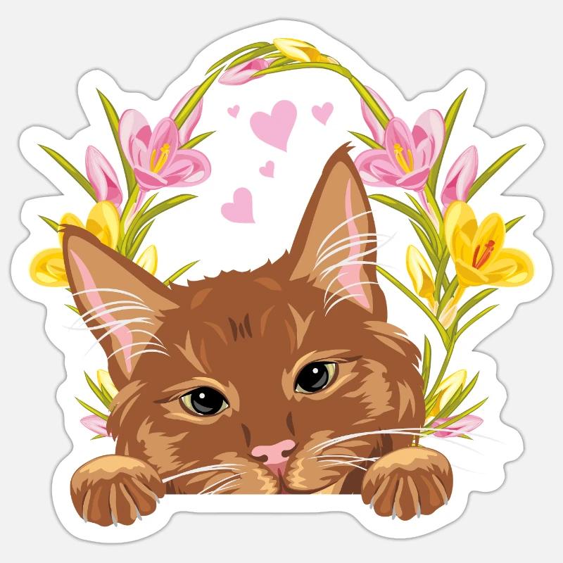 Jeter un coup d’œil mignon chat roux avec une couronne de fleurs Sticker taille S (10 x 10 cm)