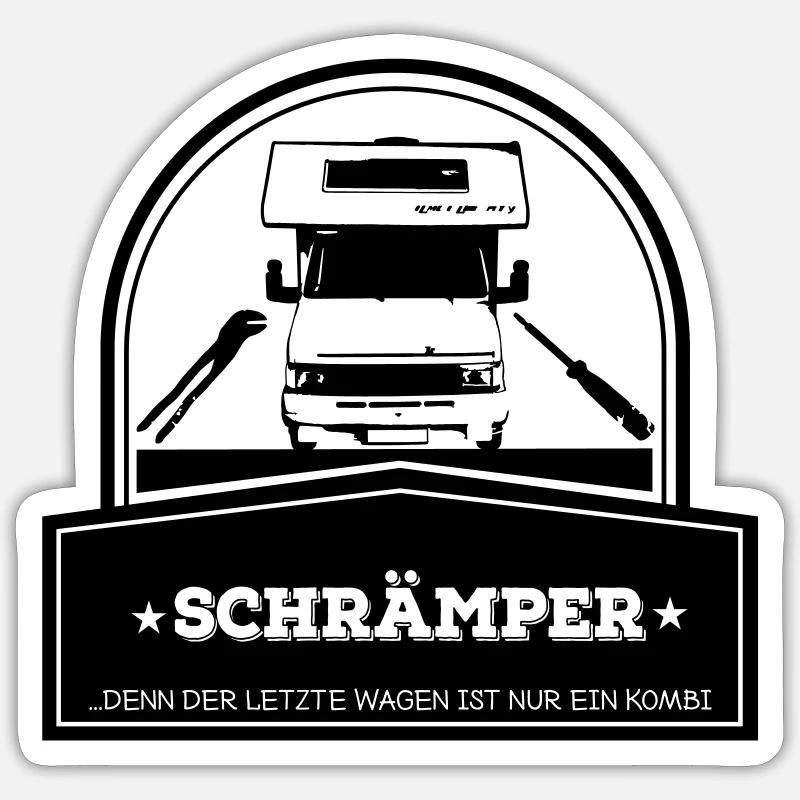Schrämper mit Wohnmobil in einer Halle - Sticker Größe S (10 x 10 cm) - Mattweiß