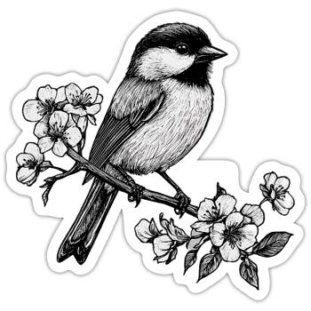 Chickadee Vogel im Baum Floral Illustration - Sticker Größe S (10 x 10 cm) - Mattweiß - Vorne