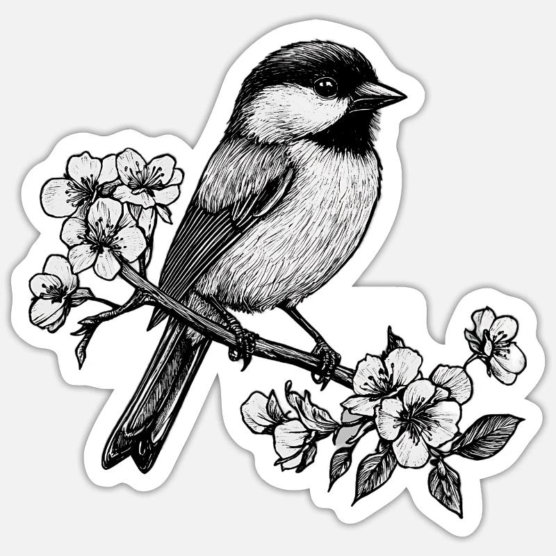 Chickadee Vogel im Baum Floral Illustration Sticker Größe S (10 x 10 cm)
