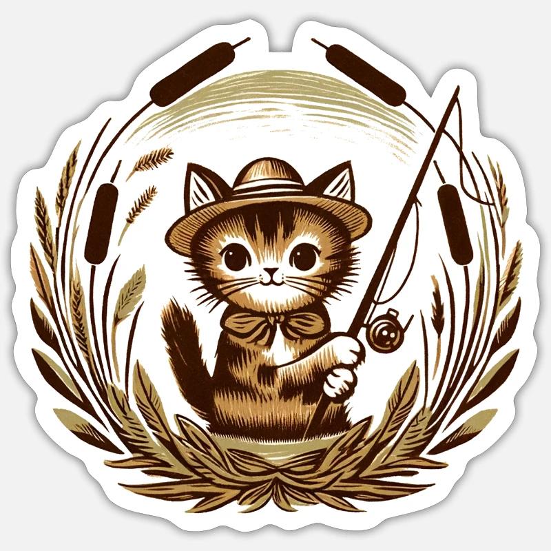Schnurrbart-Angler-Katze - Sticker Größe S (10 x 10 cm) - Mattweiß