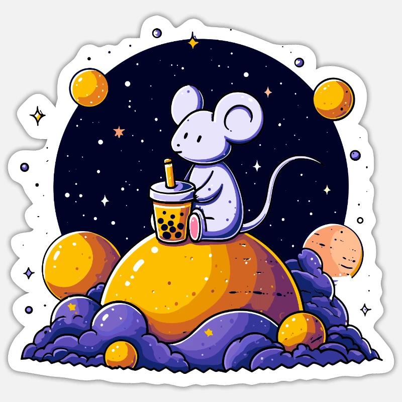 Space Mouse with Bubble Tea - Sticker size S (10 x 10 cm) - white matte