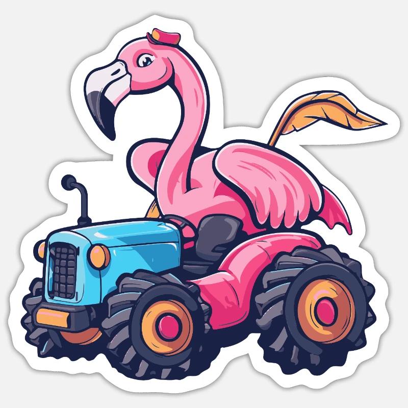 Flamingo Tractor Farmer - Sticker taille S (10 x 10 cm) - blanc mat