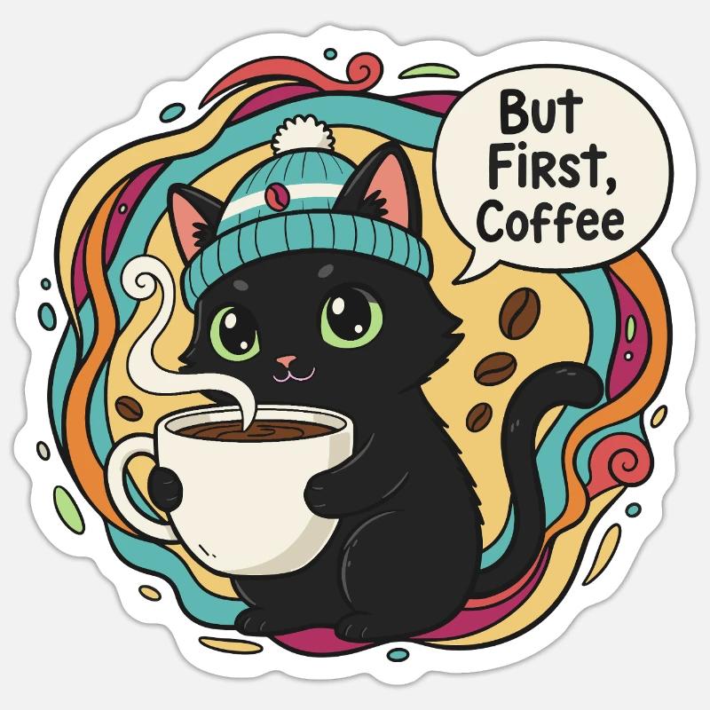 Kaffeezeit Katze mit Mütze - Sticker Größe S (10 x 10 cm) - Mattweiß