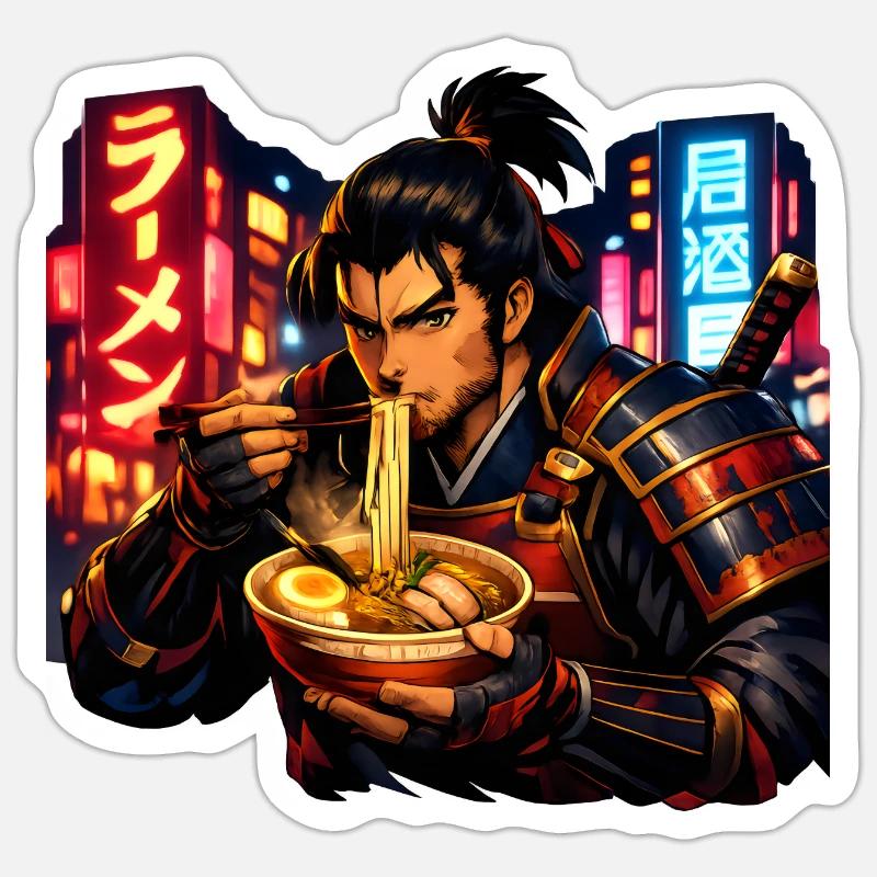 Neon Cyber Samurai Ramen - Sticker Größe S (10 x 10 cm) - Mattweiß