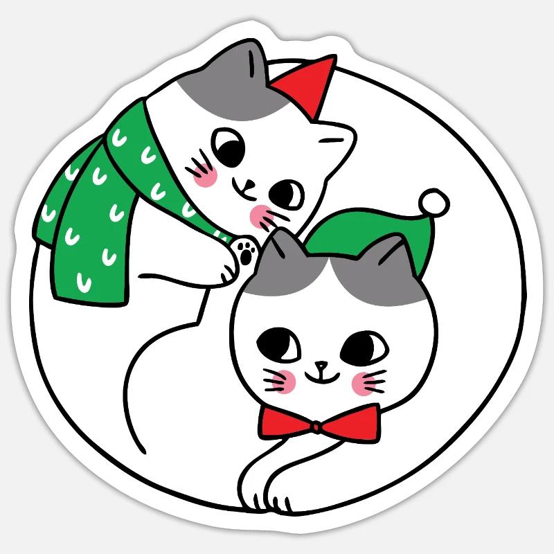 Chats câlins sous le gui - Sticker taille S (10 x 10 cm) - blanc mat