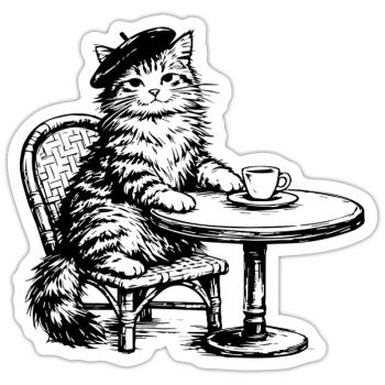 Chat avec béret dans un café au design rétro - Sticker taille S (10 x 10 cm) - blanc mat - Devant
