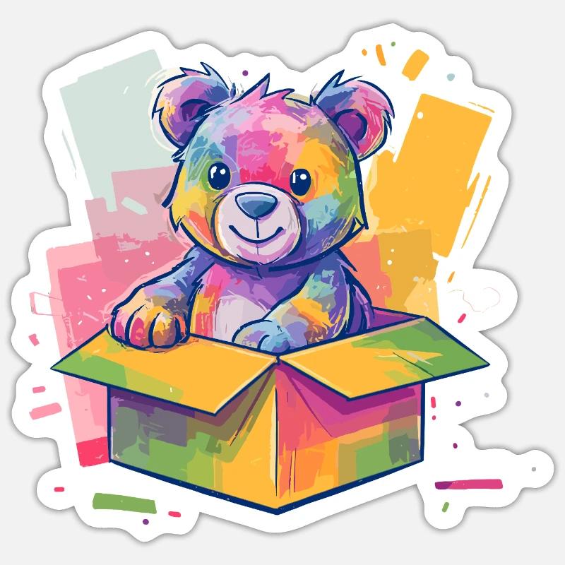 Ours arc-en-ciel dans une boîte - Sticker taille S (10 x 10 cm) - blanc mat