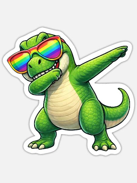Süßer T-Rex Dinosaurier Cartoon Dab Regenbogen Son - Sticker Größe S (10 x 10 cm) - Mattweiß