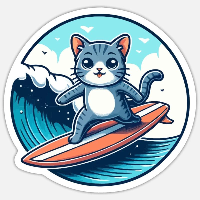 Cat surfers on the wave - Sticker size S (10 x 10 cm) - white matte