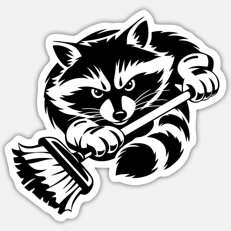 Waschbär mit Wischmopp – Putzprofi - Sticker Größe S (10 x 10 cm) - Mattweiß
