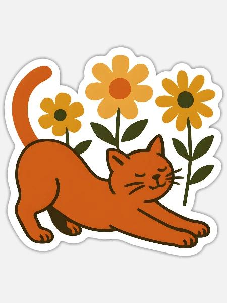 Orangene Katze im Blumenmeer - Sticker Größe S (10 x 10 cm) - Mattweiß