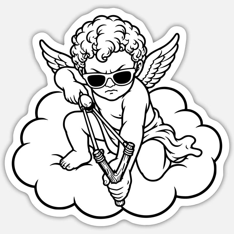 Wütender Cherub mit Steinschleuder - Sticker Größe S (10 x 10 cm) - Mattweiß