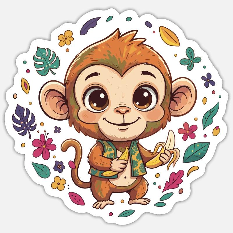 Singe tropical avec banane - Sticker taille S (10 x 10 cm) - blanc mat