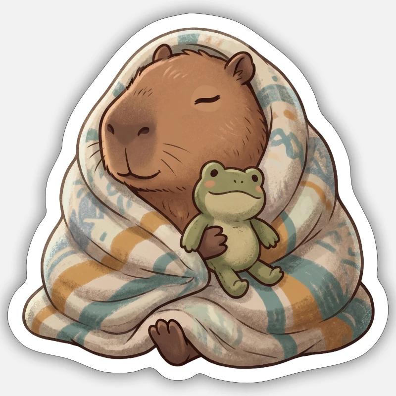 Kuscheltier Capybara mit Froschfreund - Sticker Größe S (10 x 10 cm) - Mattweiß