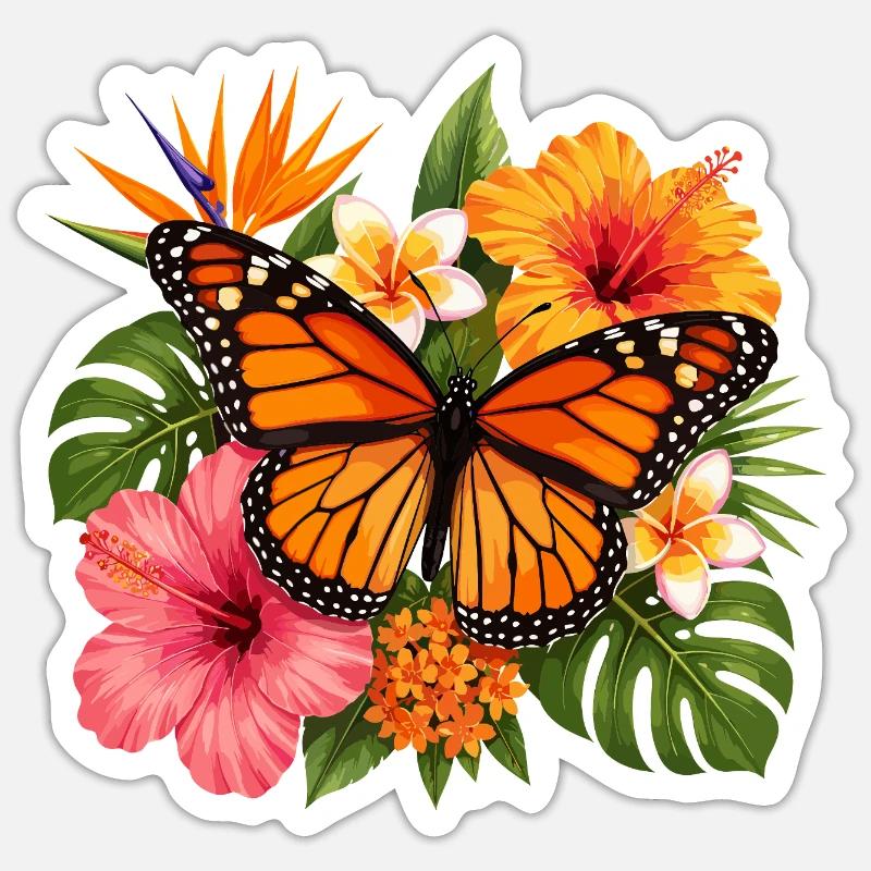 Fleur tropicale du papillon monarque - Sticker taille S (10 x 10 cm) - blanc mat