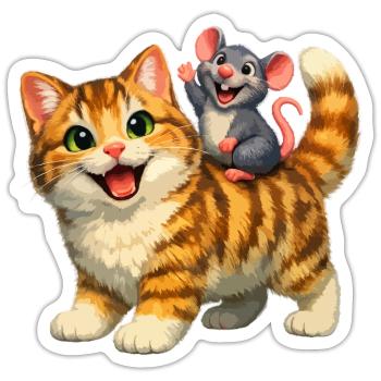 Glückliche Katze mit verspielter Maus - Sticker Größe S (10 x 10 cm) - Mattweiß - Vorne