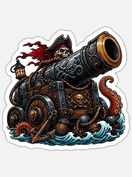 Piratenschiff mit Kanone und Kraken - Sticker Größe S (10 x 10 cm) - Mattweiß