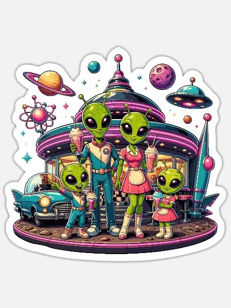 Alien Familie im Space-Diner - Sticker Größe S (10 x 10 cm) - Mattweiß