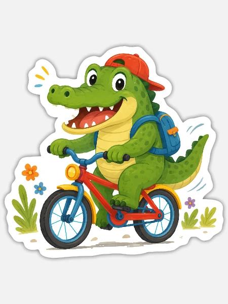 Fröhliches Krokodil fährt mit Fahrrad zur Schule - Sticker Größe S (10 x 10 cm) - Mattweiß
