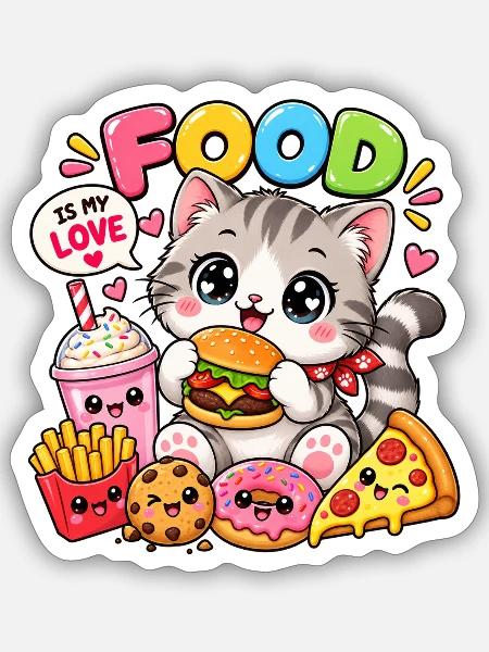 Kawaii Katzenfutter-Liebhaber – Süßes lustiges Kinder-T-Shirt - Sticker Größe S (10 x 10 cm) - Mattweiß