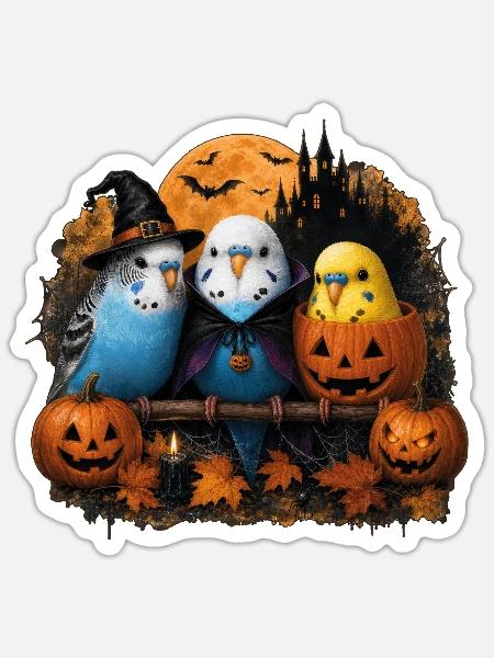 Halloween Wellensittiche - Sticker Größe S (10 x 10 cm) - Mattweiß