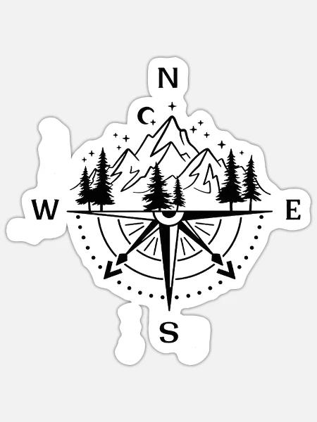 Berge | Wandern | Kompass Landschaft - Sticker Größe S (10 x 10 cm) - Mattweiß