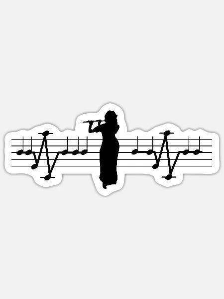 Musikerin mit Querflöte - EKG Notenlinien - Sticker Größe S (10 x 10 cm) - Mattweiß