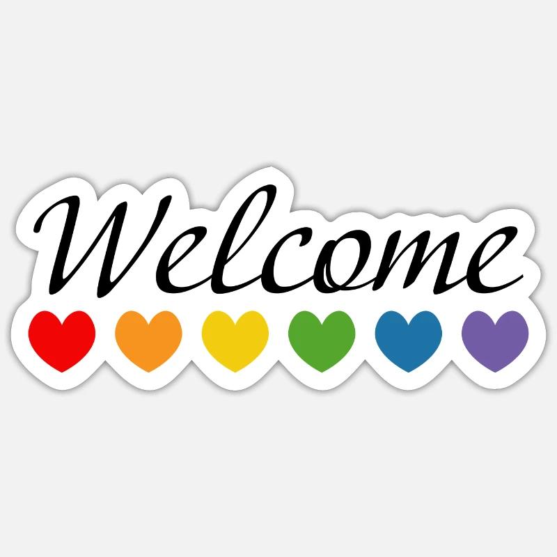 Rainbow Hearts Welcome noir - Sticker taille S (10 x 10 cm) - blanc mat