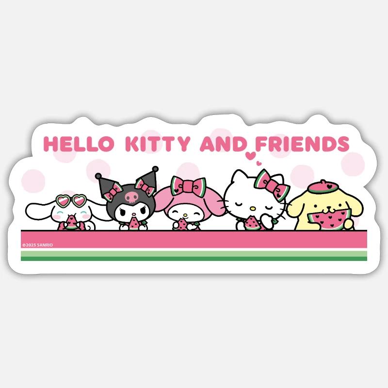 Hello Kitty Et Ses Amis Mangent De La Pastèque - Sticker taille S (10 x 10 cm) - blanc mat