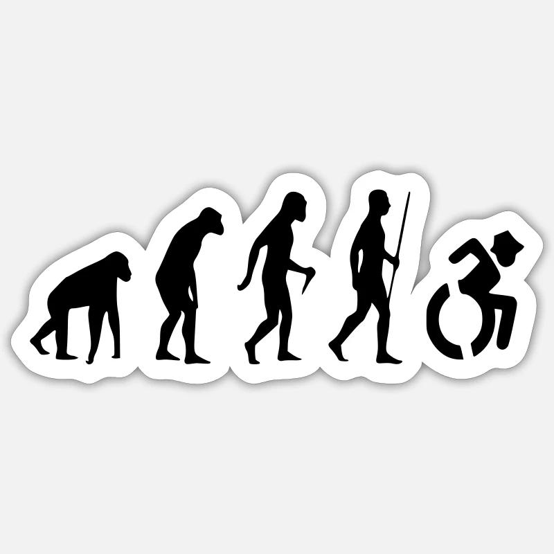 Rollstuhl-Evolution für Rollen. Humor im Rollstuhl # - Sticker Größe S (10 x 10 cm) - Mattweiß