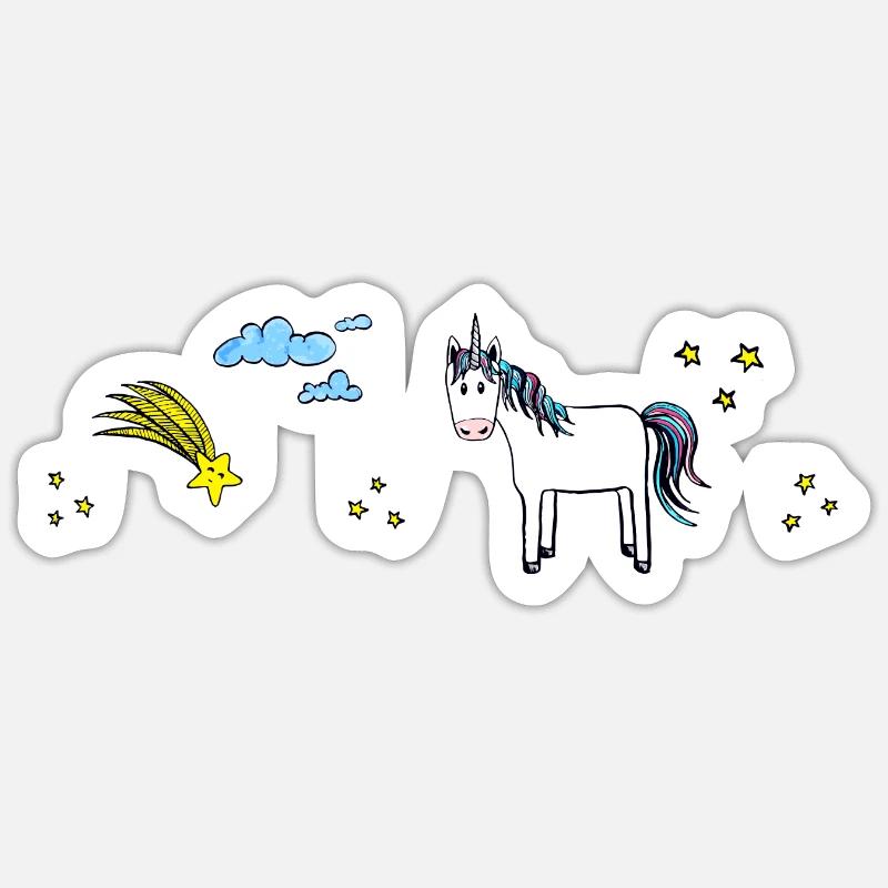 Einhörn mit Sternchen, Sternschnuppe und Wolken Sticker Größe S (10 x 10 cm)