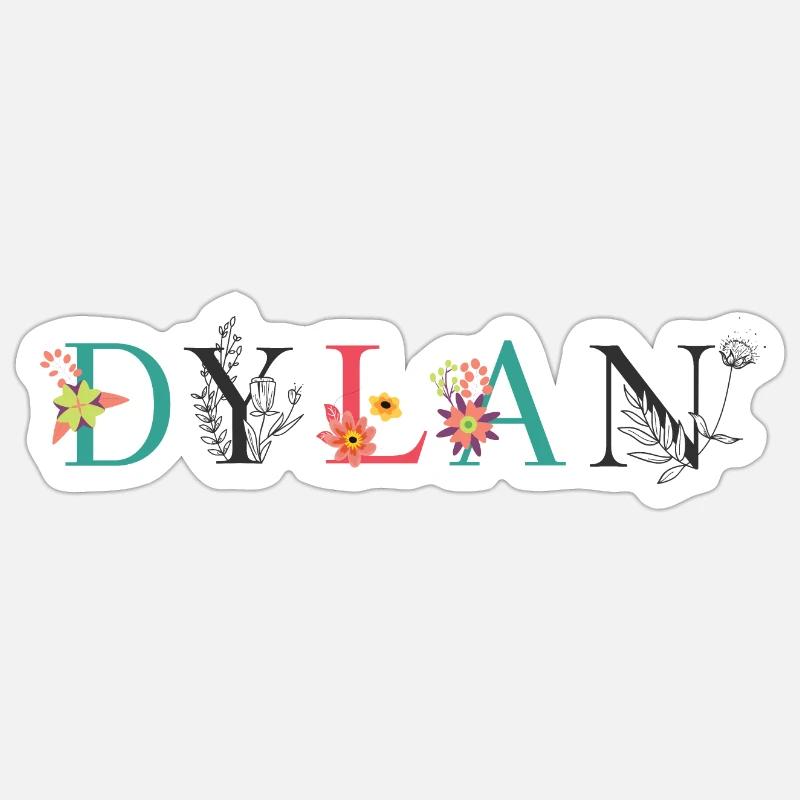 Art du nom DYLAN avec des fleurs brodées - Sticker taille S (10 x 10 cm) - blanc mat