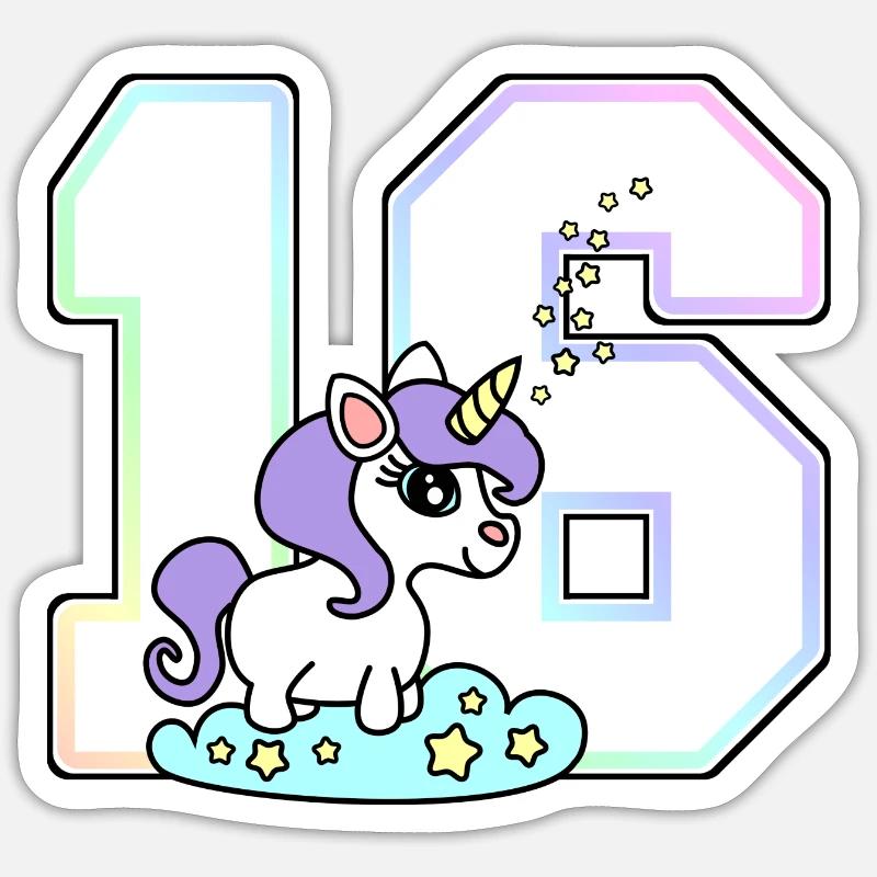 16 Nummer Einhorn - Sticker Größe S (10 x 10 cm) - Mattweiß