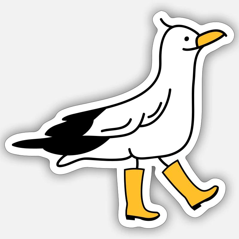 Mouette drôle avec des bottes en caoutchouc - Sticker taille S (10 x 10 cm) - blanc mat